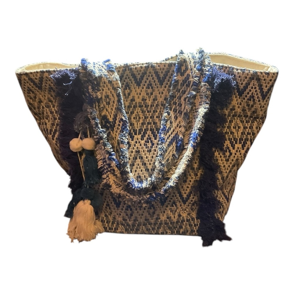 Women’s Cotton Beach Large Tote with Frayed Fringes, Tassels Travel Handbag